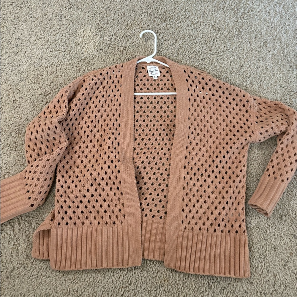 Hippie Rose Tan Cardigan Sweater Open-Knit Design